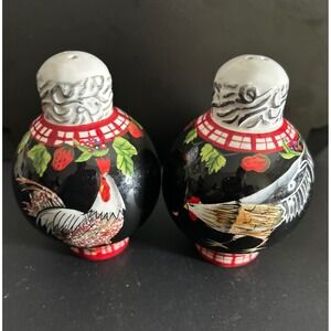 Salt and Pepper Shakers Black Rooster Hen Gingham Strawberry Collectible Set